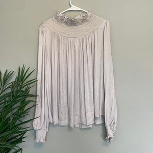 NWT GIBSON LATIMER Satin Blouse Smocked Mock Neck Long Balloon Sleeve Pullover